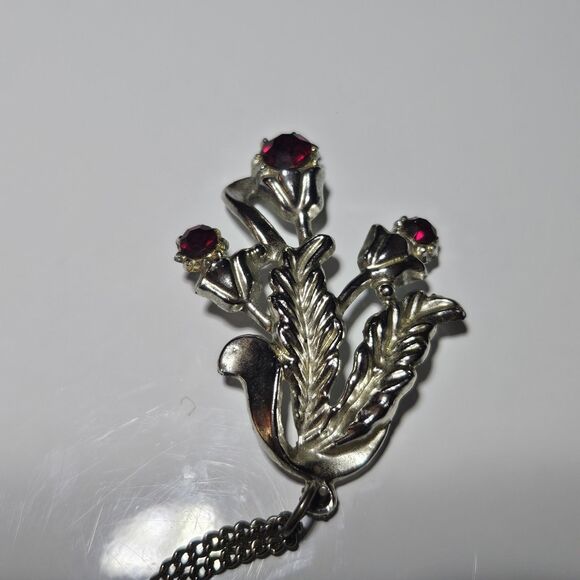 Vintage Red Aurora Borealis Crystal Floral Pendant Necklace Silver Tone 16" - Picture 13 of 15